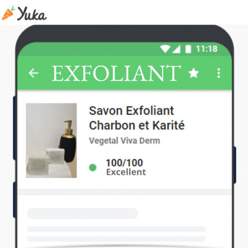 Savon Exfoliant Charbon et beurre de Karité BIO. Noté Excellent 100% sur Yuka. VEGETAL VIVA DERM