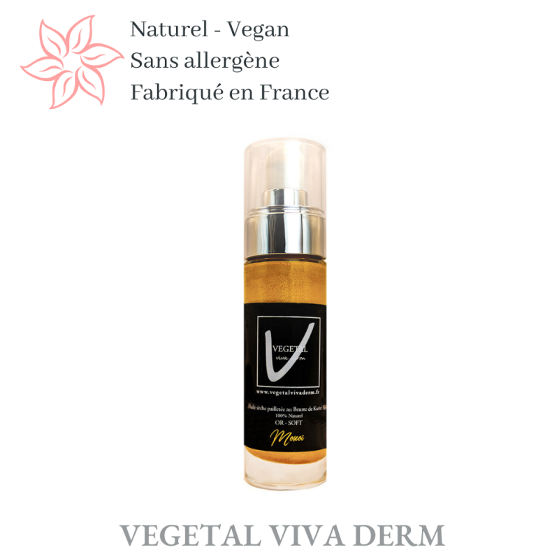 Huile pailletée parfum Monoï. Effet élégant et satiné. VEGETAL VIVA DERM